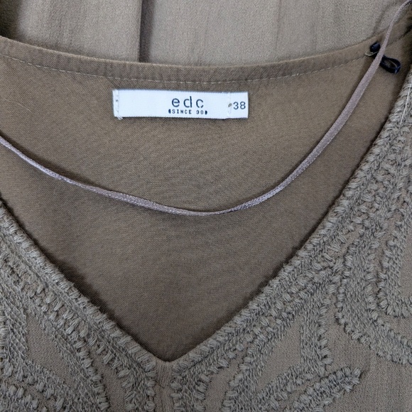 EDC Mini Dress Olive Khaki Green V-Neck Balloon Sleeve Embroidered Long Sleeve - Picture 2 of 13